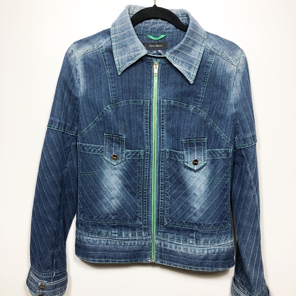 Givh Shyh Jean Jacket Zip Blue Neon Green Size M - Picture 3 of 8